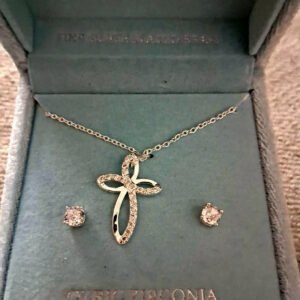 DANECRAFT Fine Silver-Plated Cross Necklace & Cubic Zirconia Earrings Set