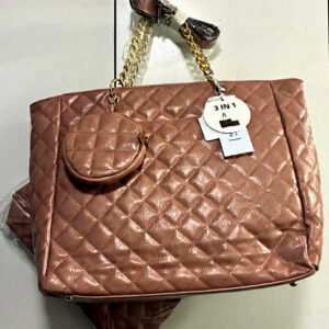3-in-1 Coral Colored Quilted Travel Tote Bag includes Make-up bag & Coin Pouch