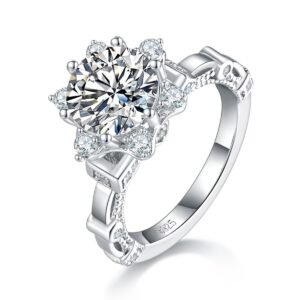 Star Halo Split Shank Sterling Silver 2ct Round Moissanite Ring