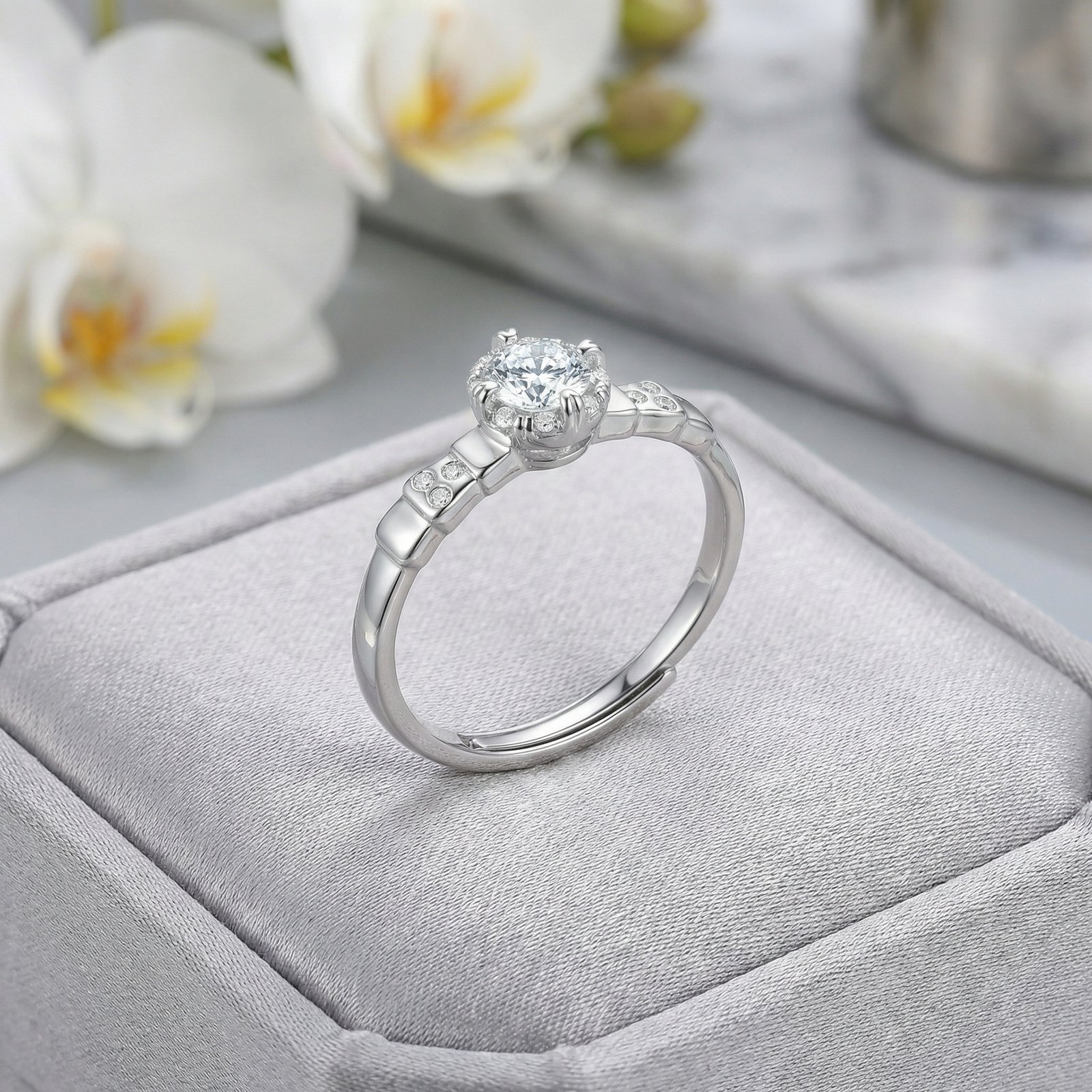 925 Sterling Silver Elegant Sparkling Adjustable Silver Halo Ring with Radiant Center Stone - Image 2