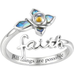 925 Sterling Silver Faith Cross Mustard Seed Abalone Shell Adjustable Ring