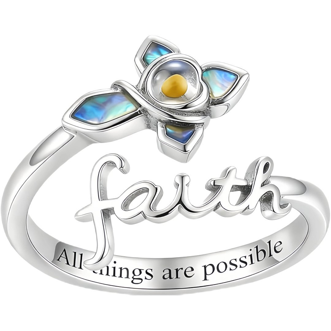 925 Sterling Silver Faith Cross Mustard Seed Abalone Shell Adjustable Ring